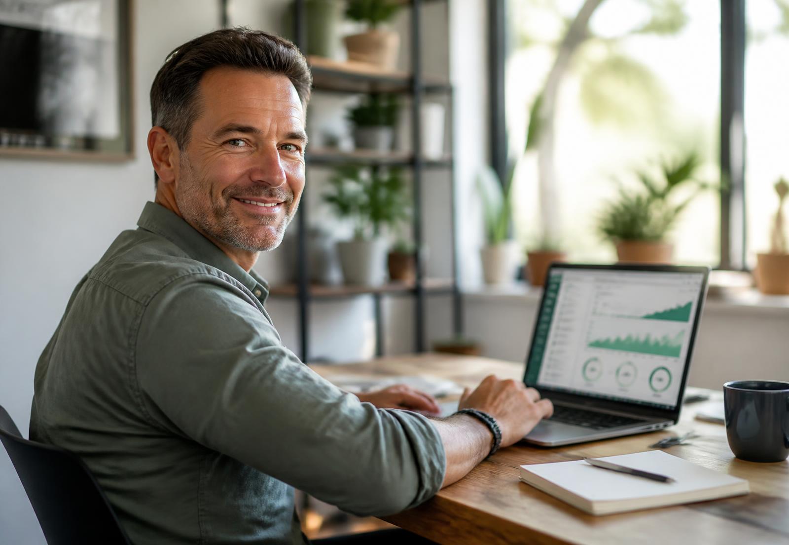Formateur indépendant souriant préparant ses dossiers sur le portail Skills4mation
