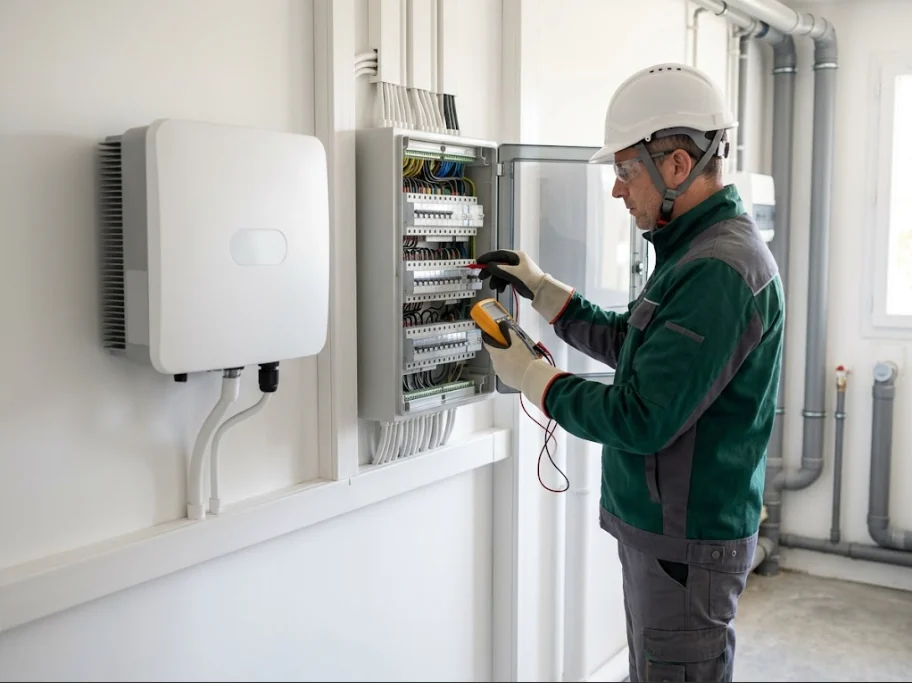 Un technicien en casque, lunettes et gants isolants contrôle au multimètre un coffret électrique à côté d'un onduleur solaire mural.