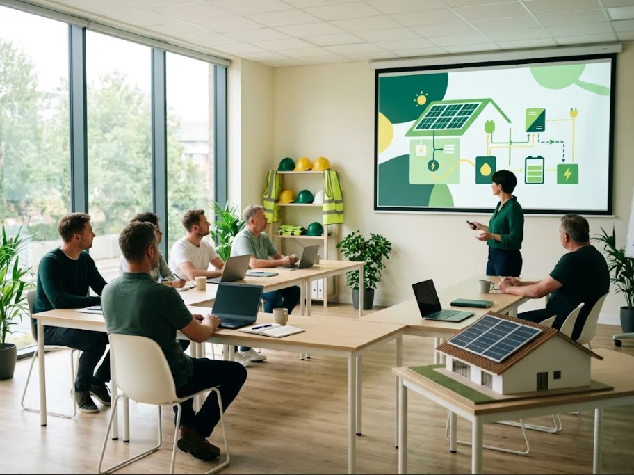 Des stagiaires suivent un cours théorique sur l'installation solaire dans une salle de formation lumineuse.